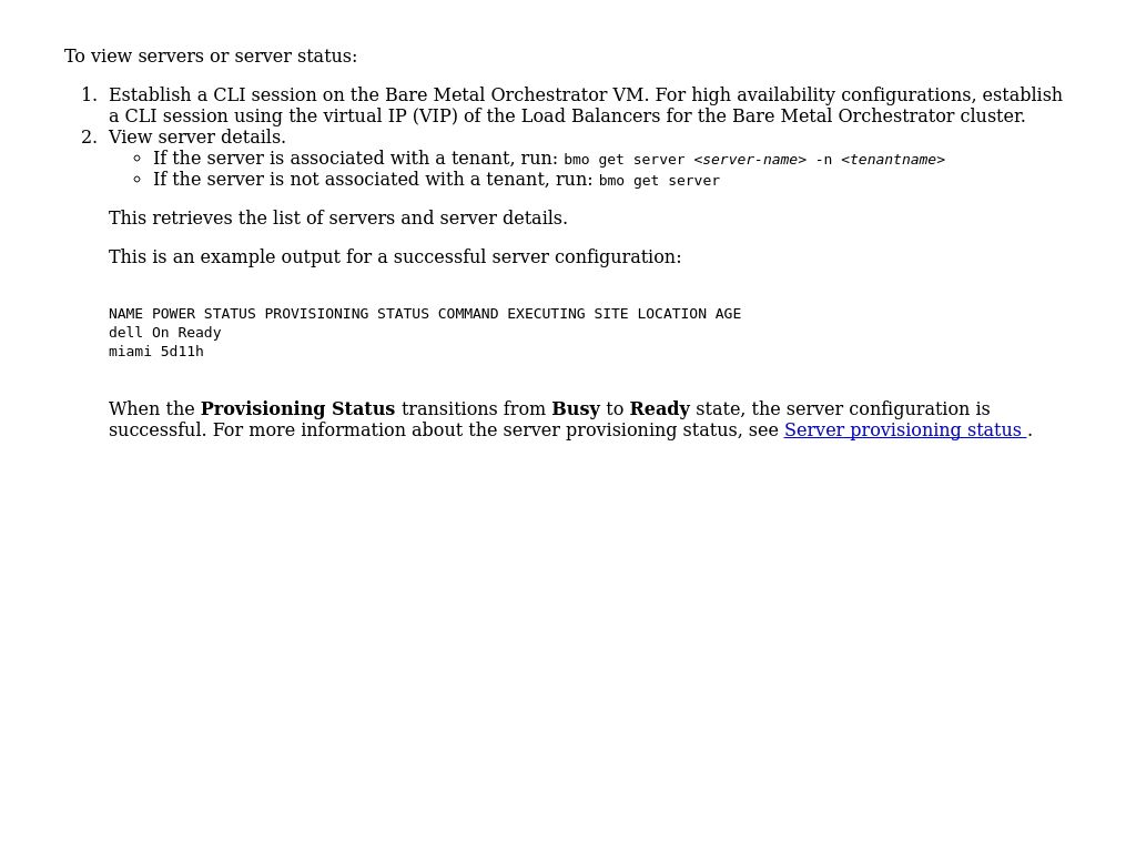 view-servers-and-server-status-bare-metal-orchestrator-1-2-command