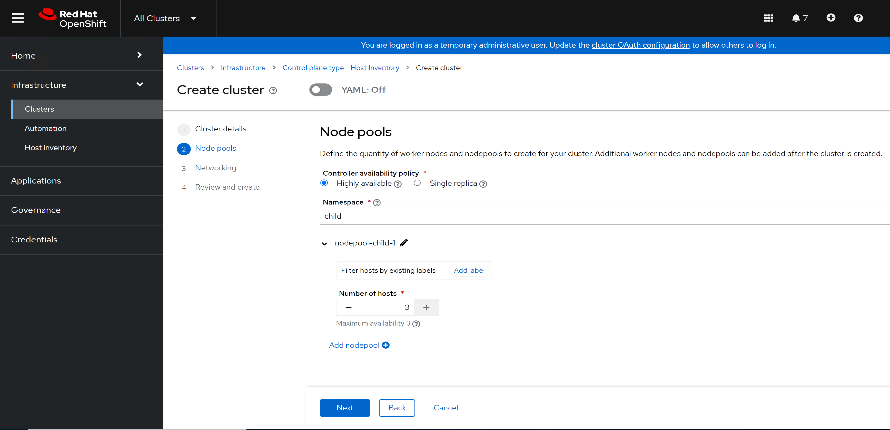 A screenshot displaying the process of setting up a new cluster in the Red Hat OpenShift environment.