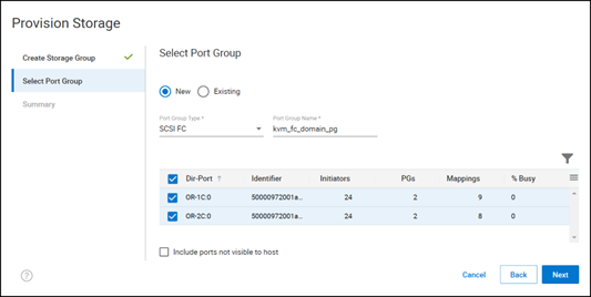 A screenshot of Provision storage to host – select port group
