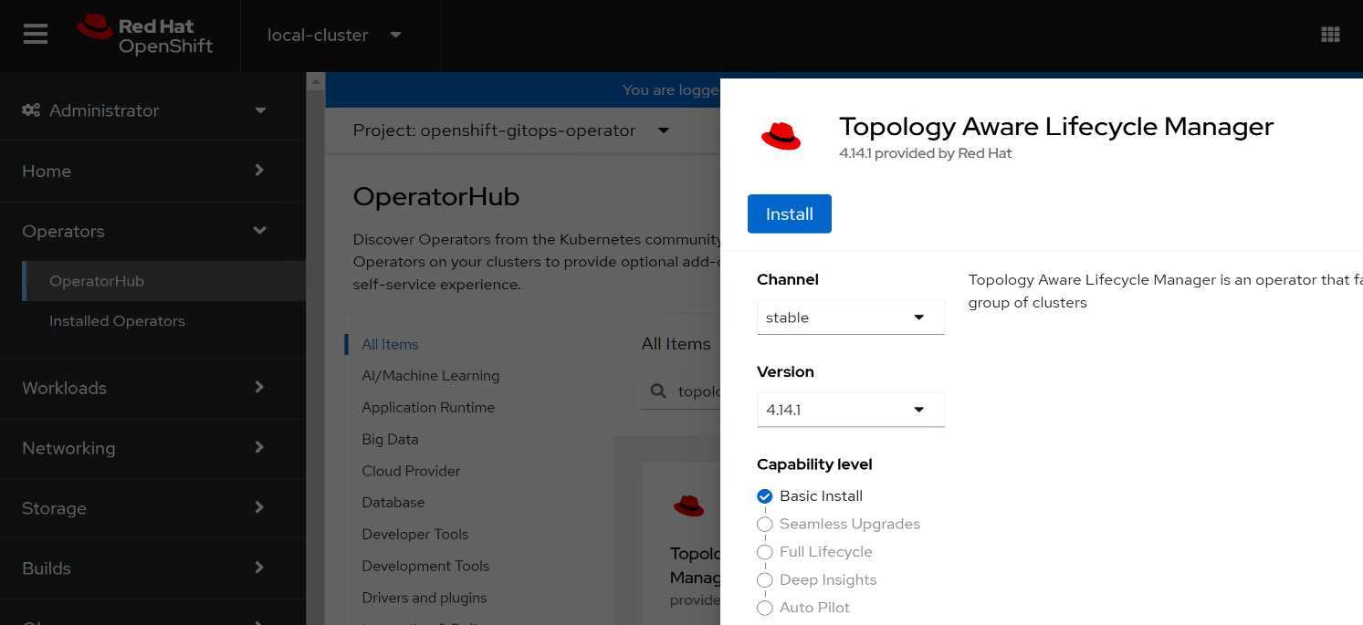 A console window displaying the Topology Aware Lifecycle Manager operator.