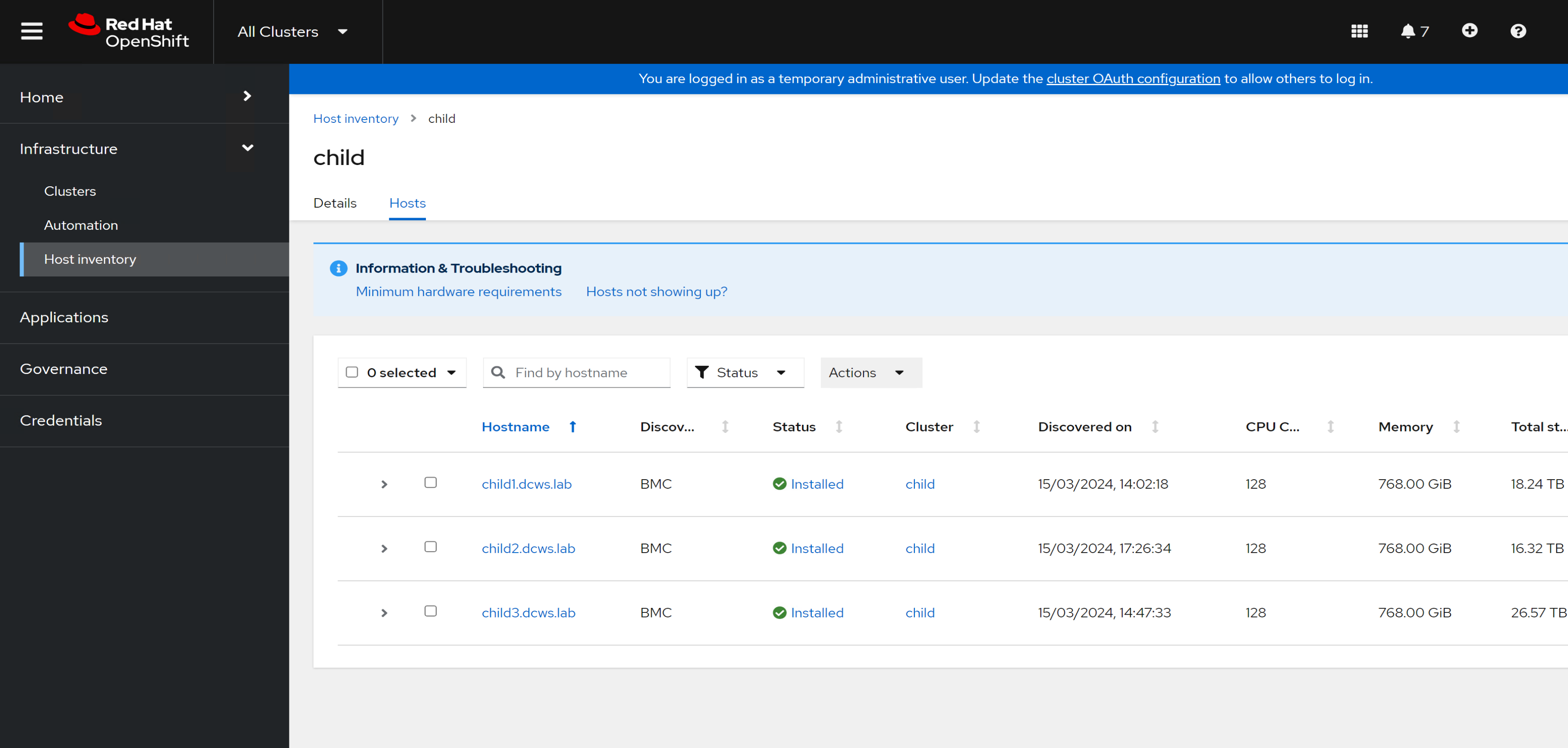 A screenshot of the “Host Inventory” section of a cluster, showing the status and details of three hosts, including their discovery times, CPU cores, and memory sizes. 