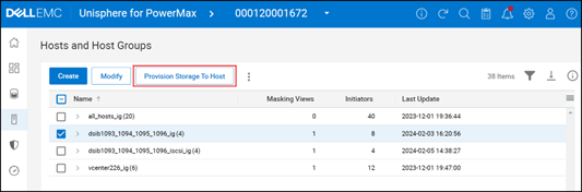 A screenshot of Provision storage to host