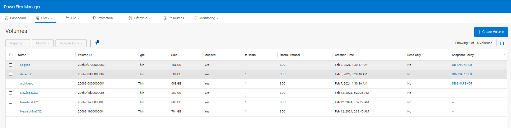 This figure shows the snapshot policy to volumes window.