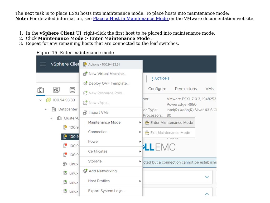 Place the ESXi hosts in maintenance mode | Dell Technologies ...