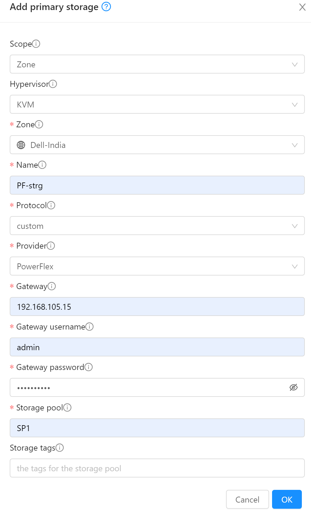 This figure shows the fields required to add a primary storage pool.