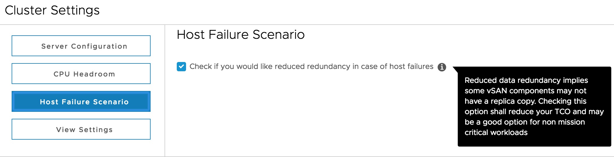 Check if you would like reduced redundancy in case of host failures