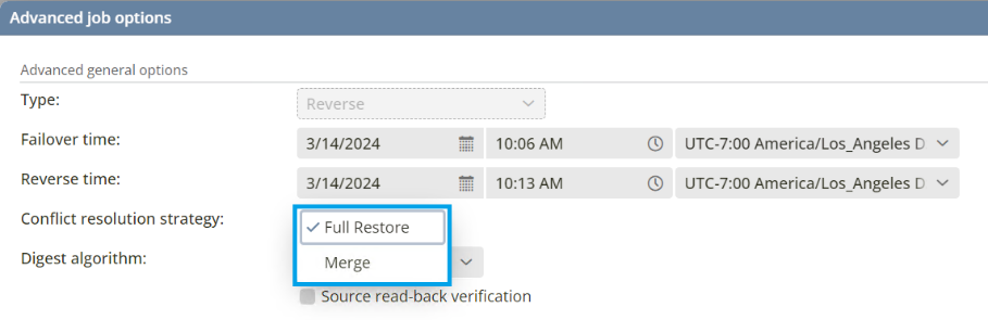 This image shows an advanced reverse job option details.