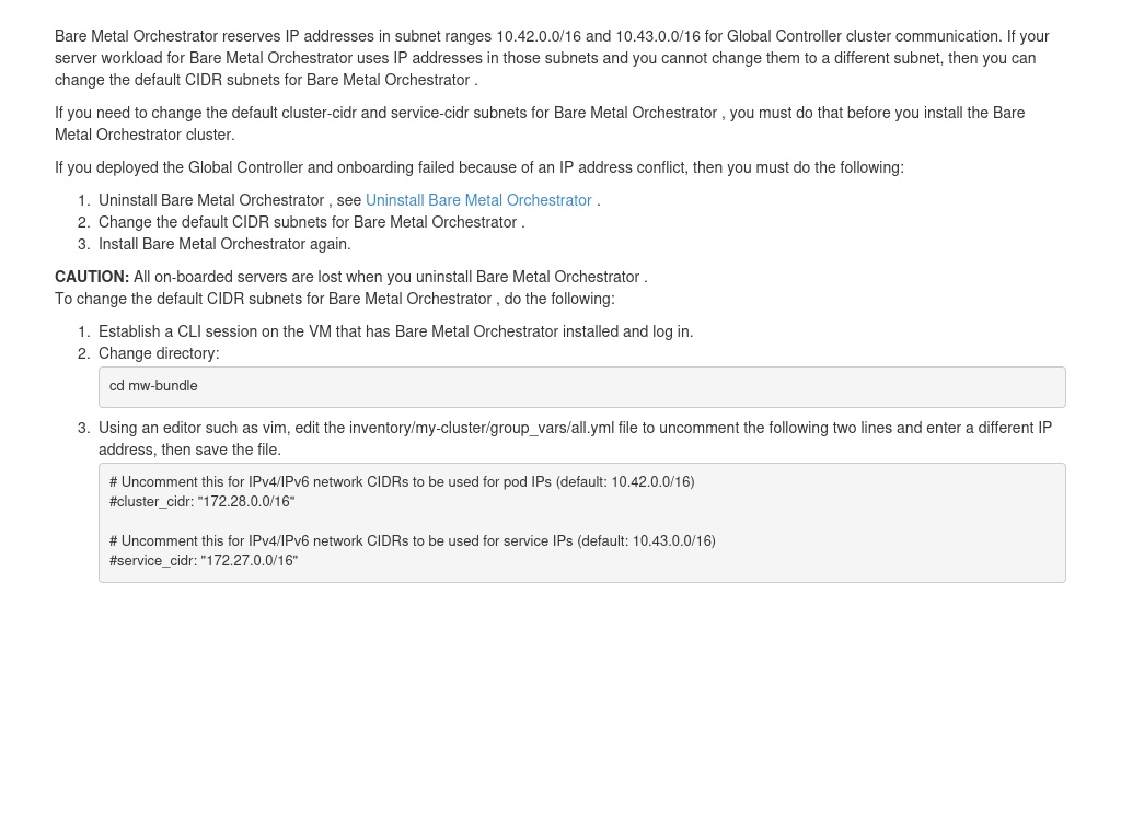 Change Default CIDR Subnets For Bare Metal Orchestrator | Bare Metal ...