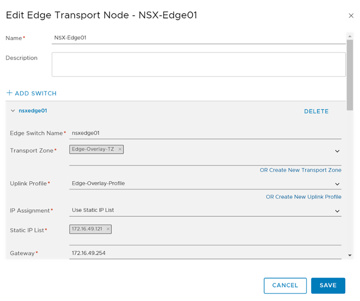 Edge Switch NSX-Edge01 Configuration