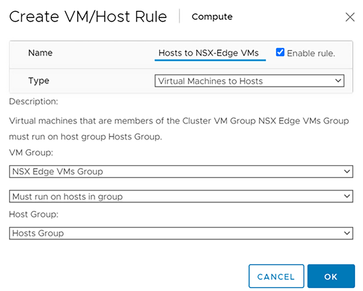 Host and VM Groups Rule Created