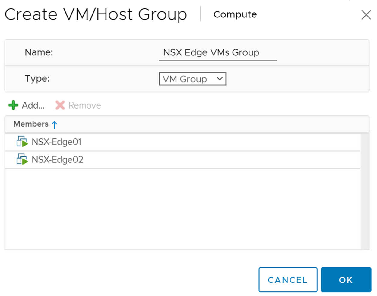 VM Group Created for NSX Edge VMs
