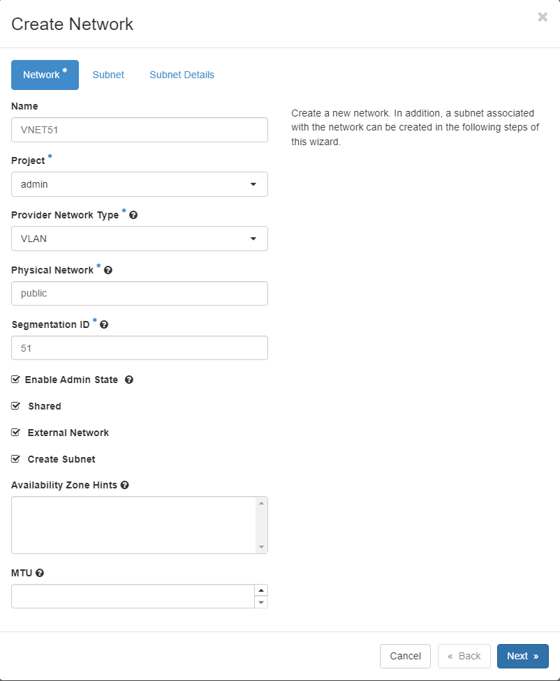 OpenStack Create Network tab