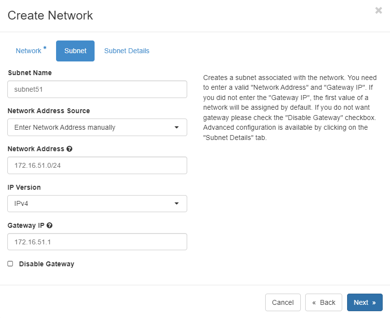 OpenStack Create Network Subnet tab