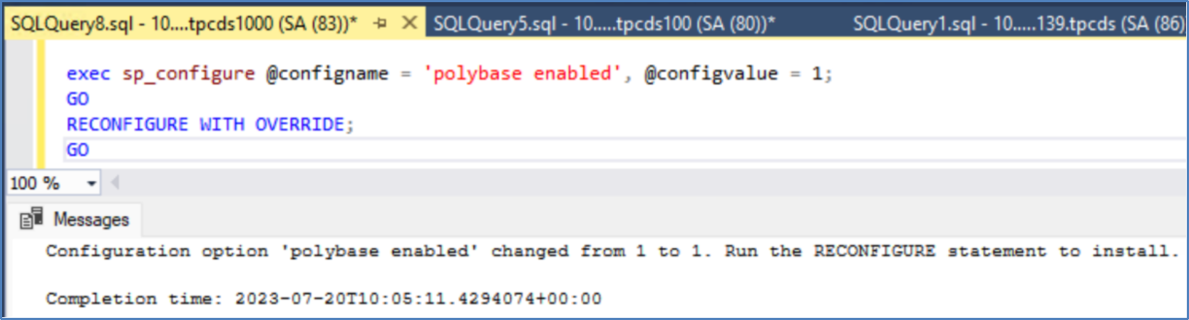 This graphic shows T-SQL Commands to enable PolyBase feature 