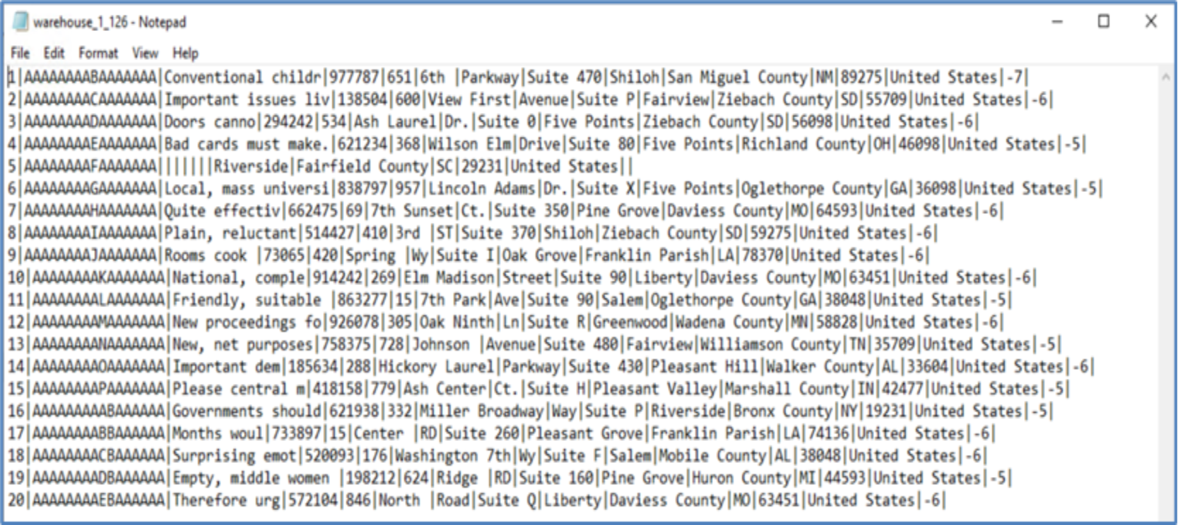 This is a screenshot of a TPC-DS datafile in .dat files with pipe (|) as column separator