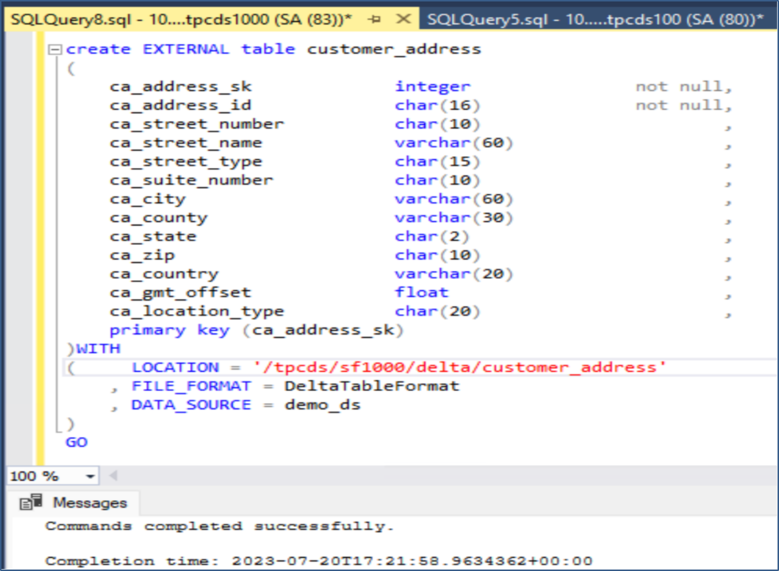 This screenshot shows an example of creating a SQL Server external table