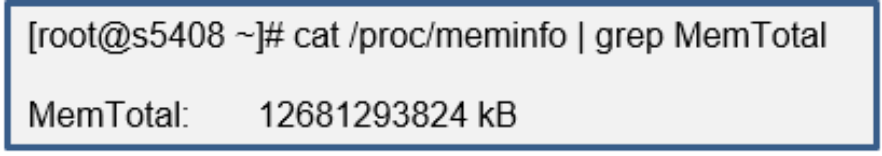 The command in this example is: [root@s5408 ~]# cat /proc/meminfo | grep MemTotal MemTotal: 12681293824 kB