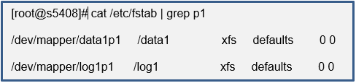 This image shows the entries in the file /etc/fstab file for the Datastore and the LogDir.