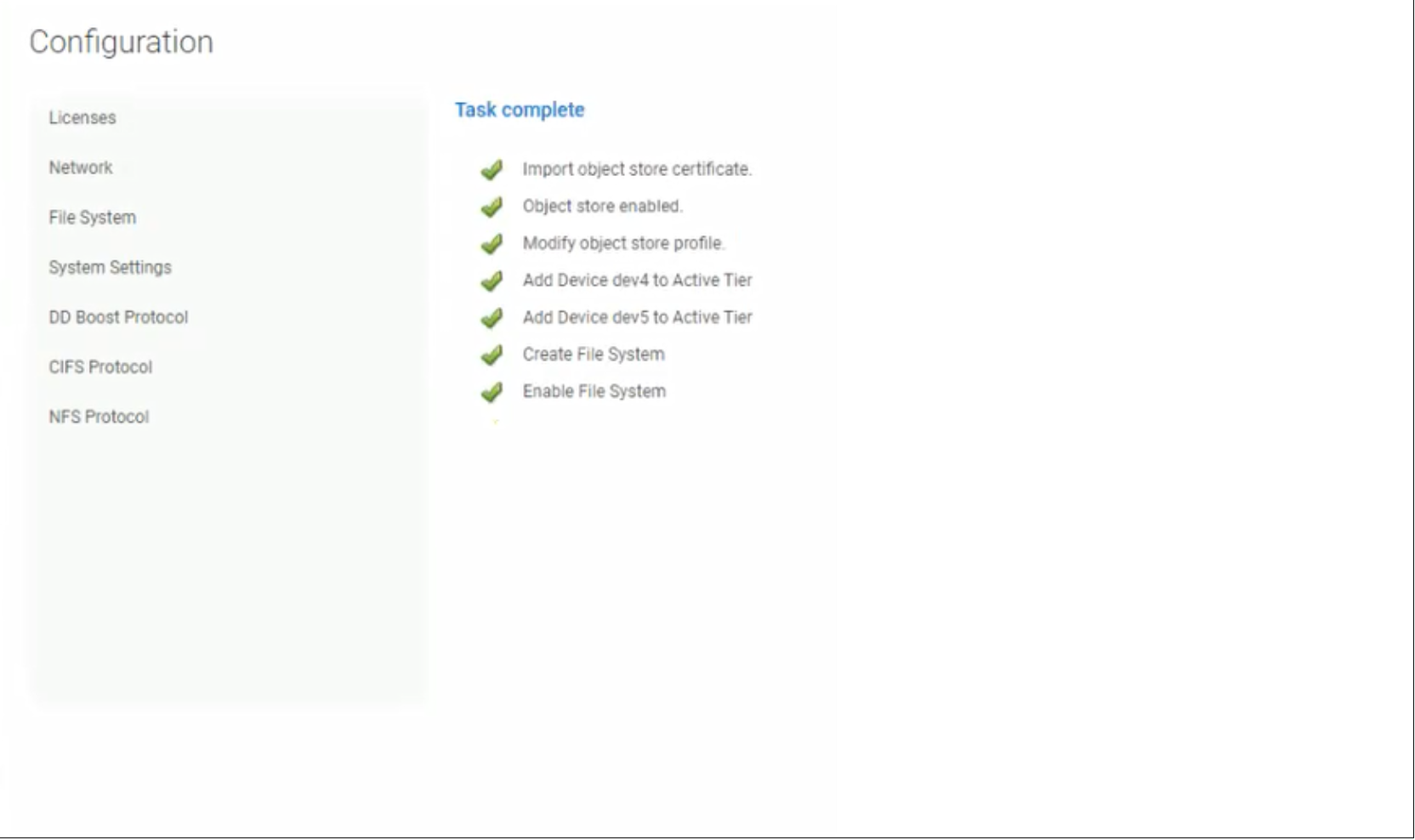 This figure shows the list of completed tasks for a file system creation.