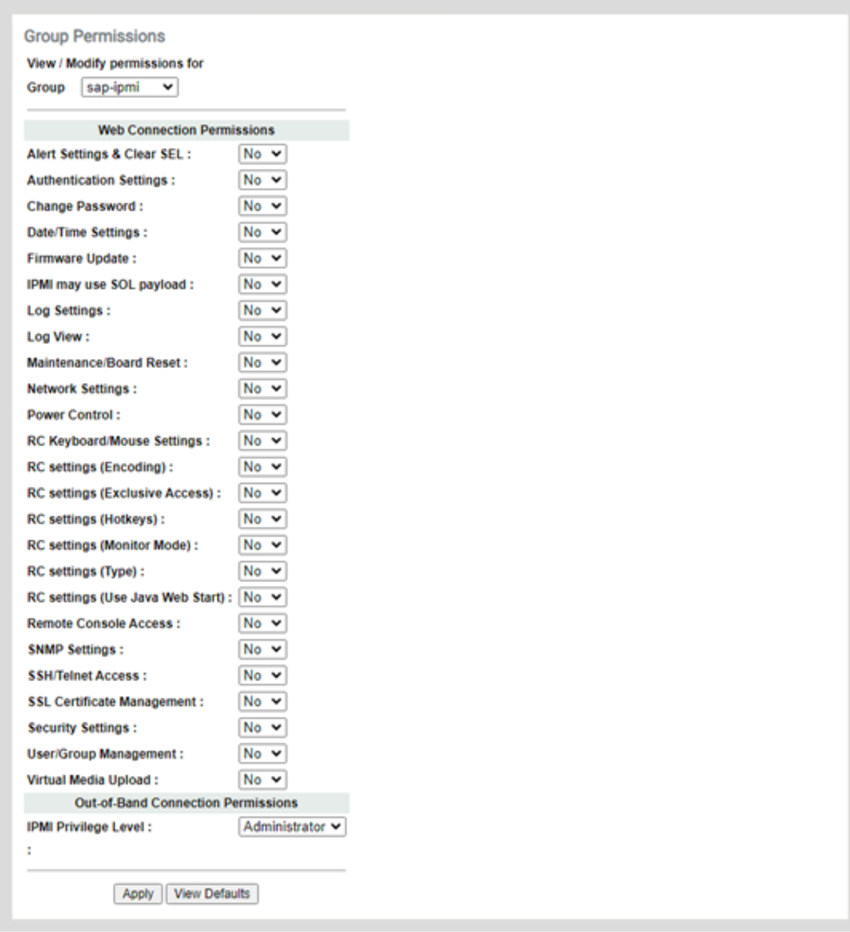 A screenshot showing IPMI group permissions