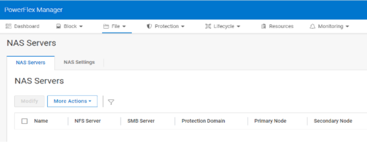 This image shows the NAS servers option in the PowerFlex Manager UI.