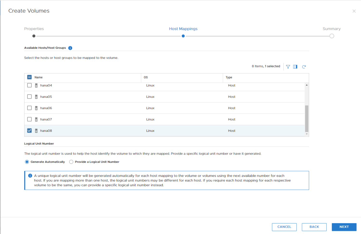 A screenshot of the Create Volumes page showing the available hosts