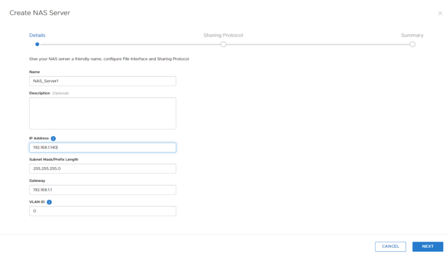 A screenshot of a page prompting for details required to create a NAS server