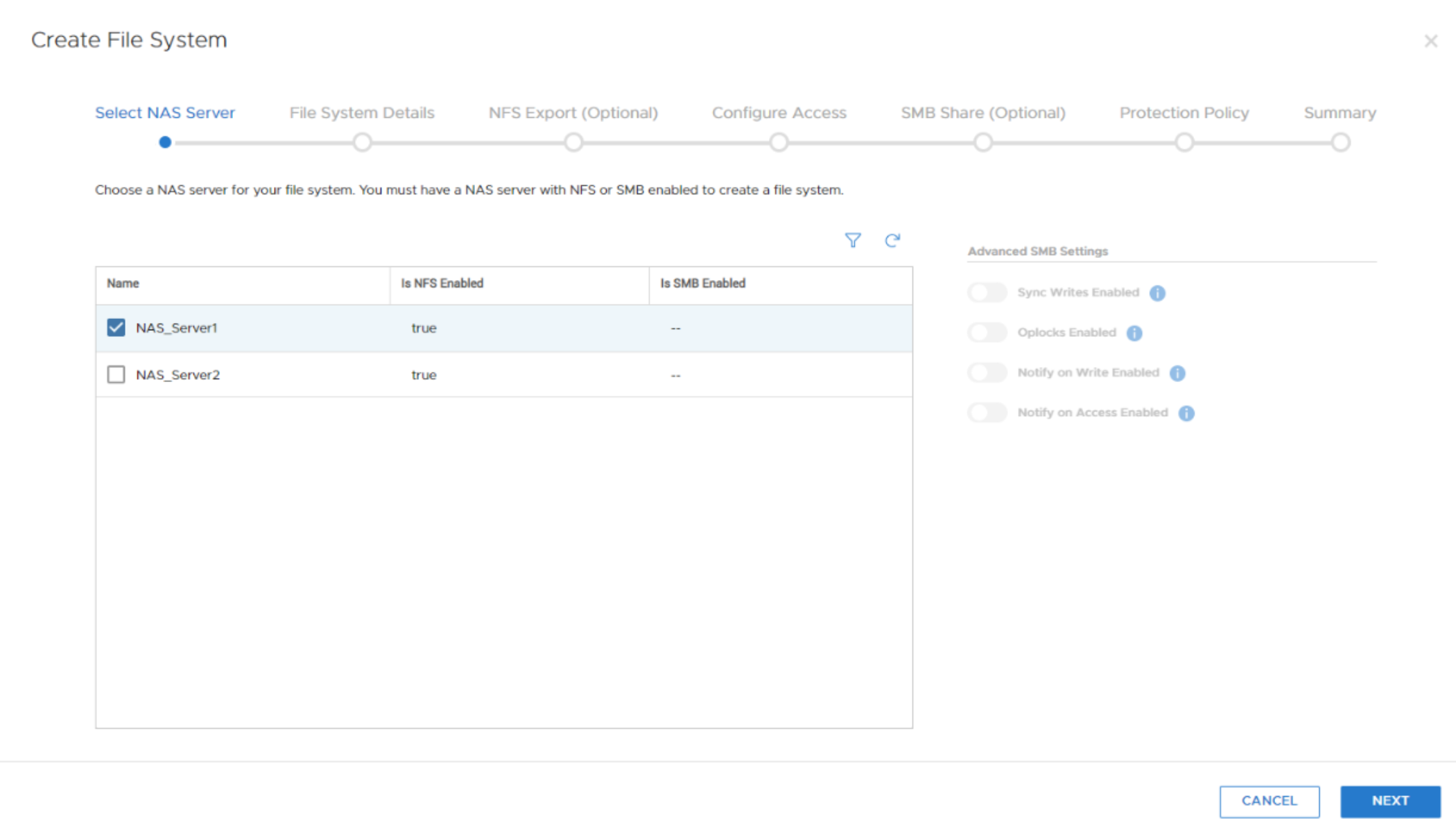 A screenshot prompting for NAS server selection to create a file system 