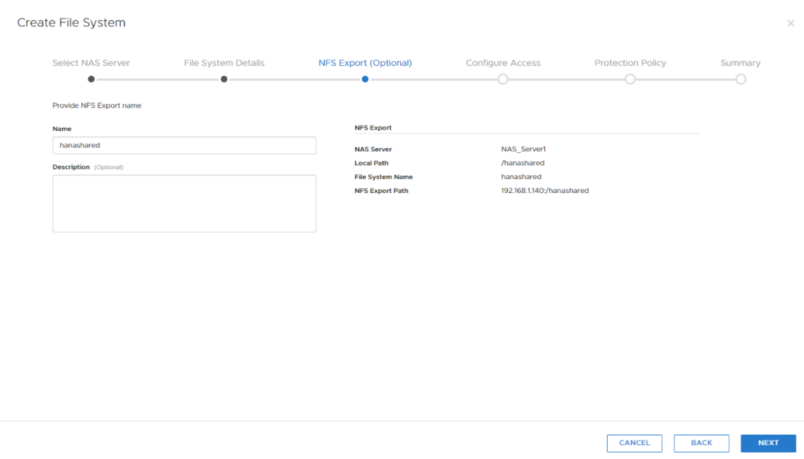 A screenshot prompting for NFS export details for the file system 