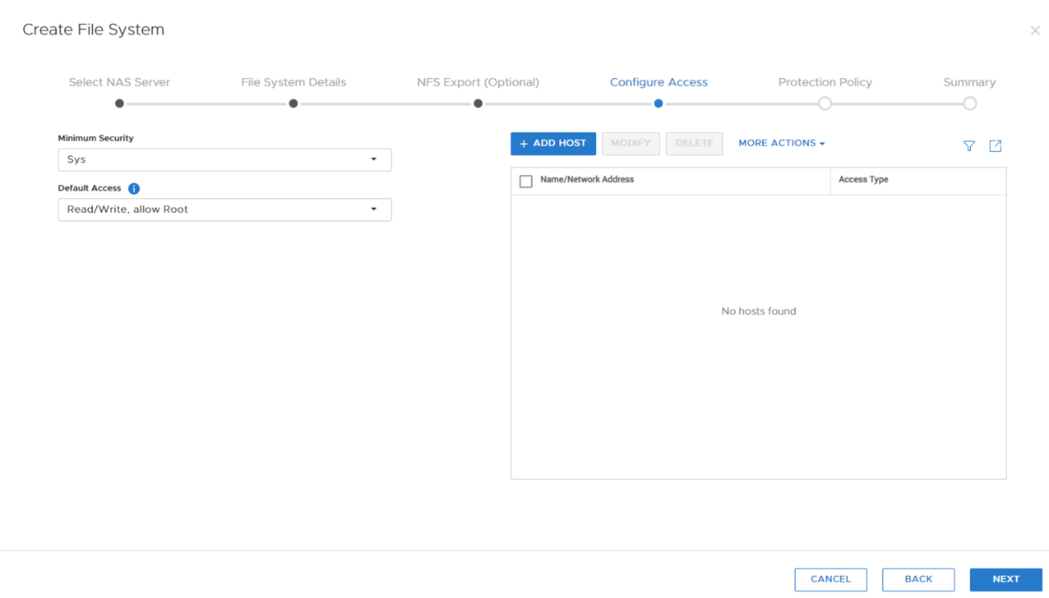 A screenshot prompting for security requirements to create a file system 