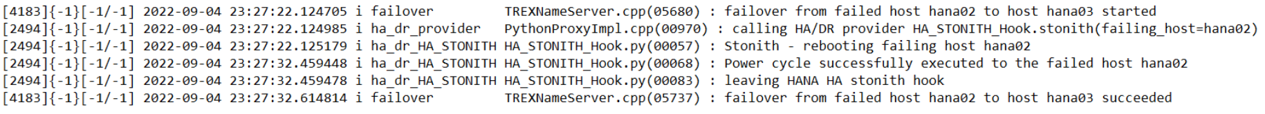 A screenshot showing HA/DR output from the leading name server trace file