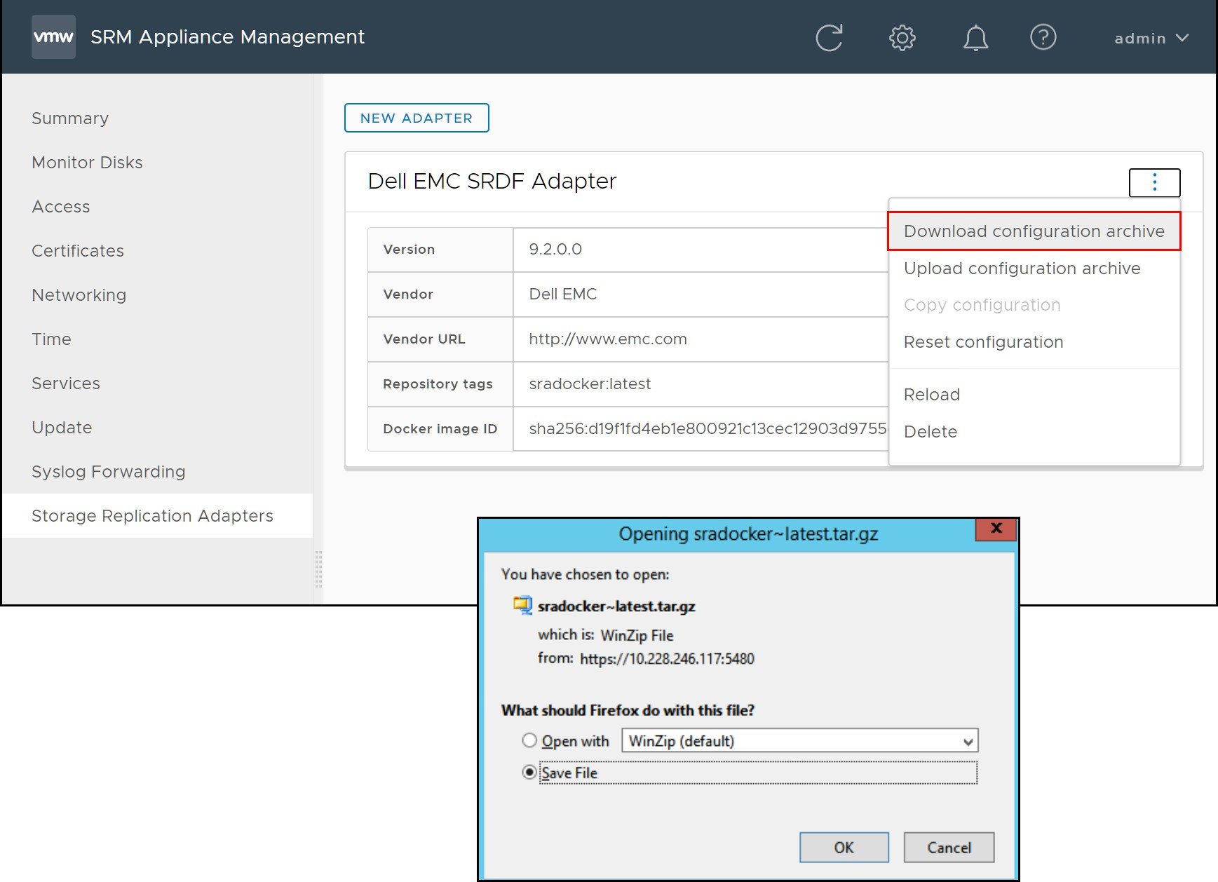 Figure 23. Downloading SRDF SRA configuration archive 