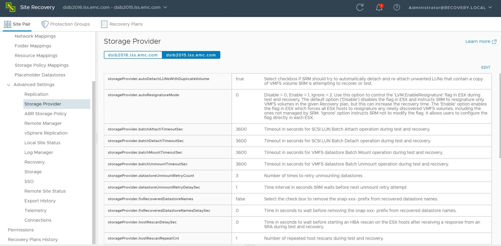 Figure 51. SRM Advanced Settings in the vSphere Client