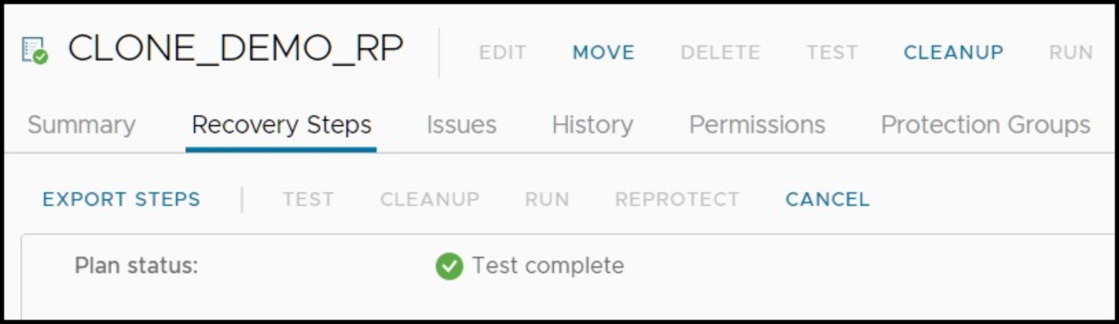Figure 55. Recovery plan in “Test Complete” status after successful test failover 