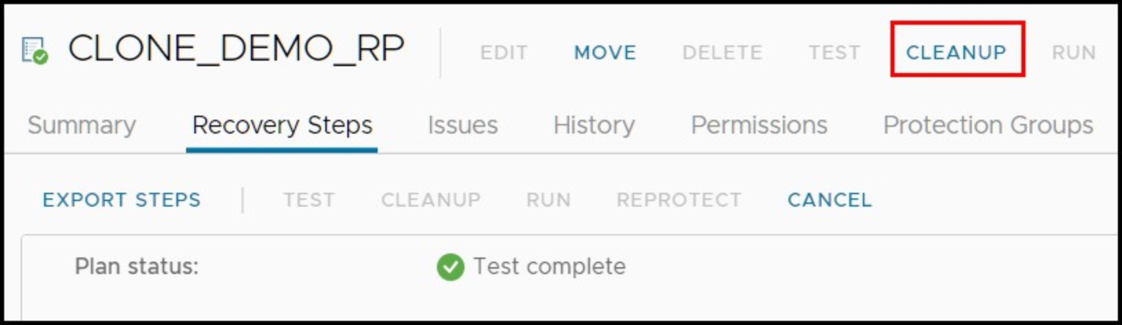 Figure 56. Initiating a Cleanup after a test recovery in SRM 