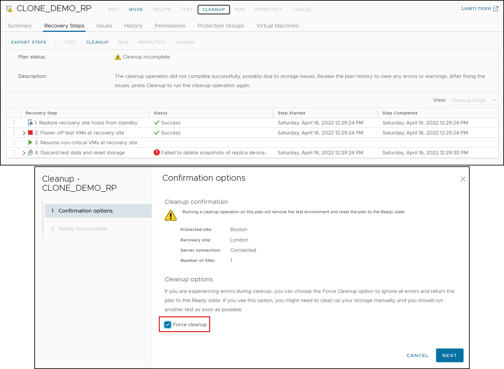 Figure 60. Executing a Cleanup operation with the force option in SRM 