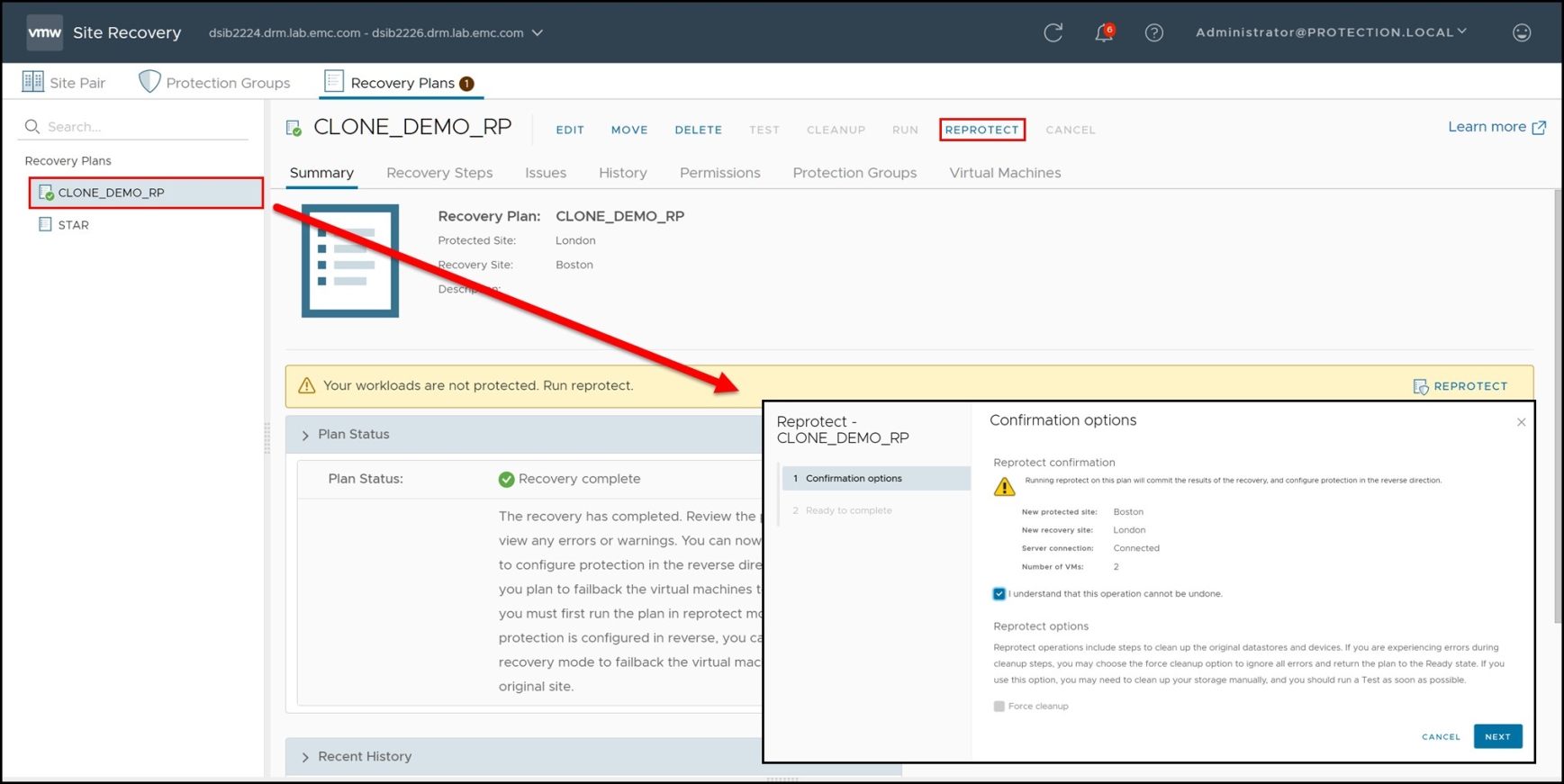 Figure 126. Executing a reprotect operation in VMware vCenter SRM 