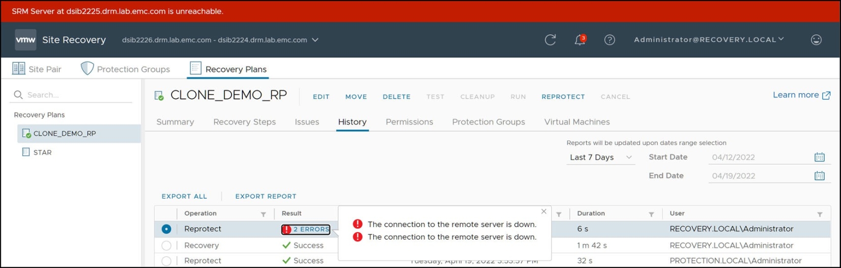 Figure 128. Reprotect fails with sites disconnected 