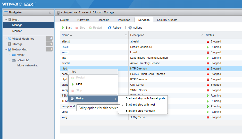 This image shows the ESXi settings web interface—Manage pane.