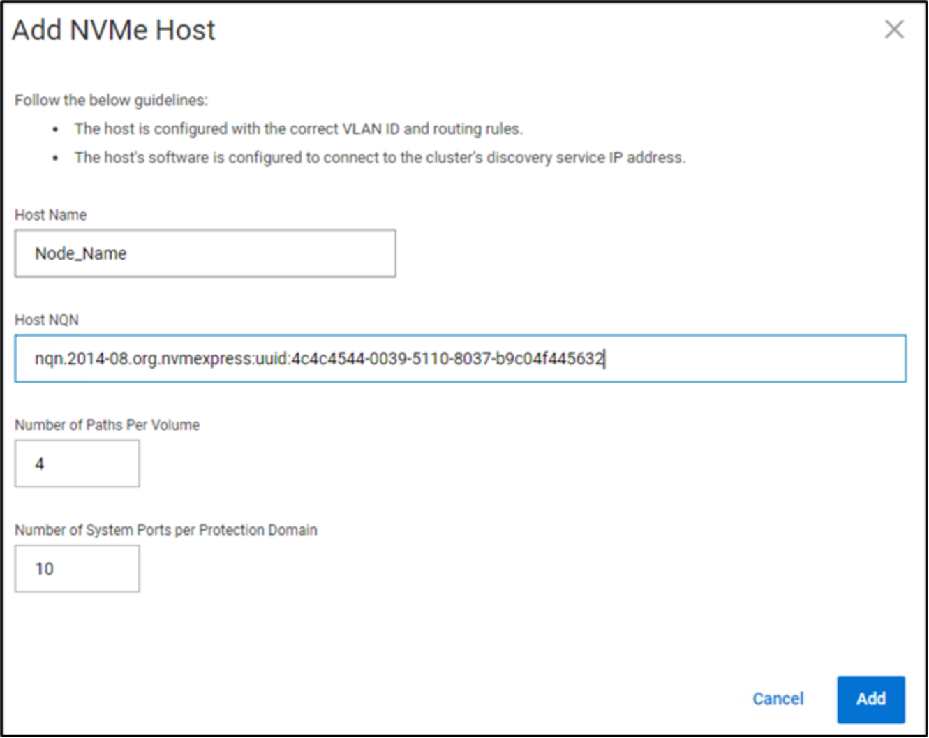 creen shot of the Add NVMe Host window in which to add the host name and host NQN.