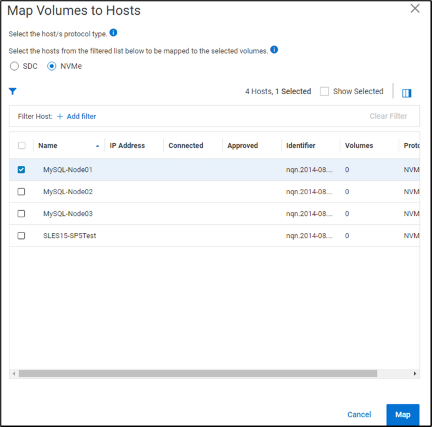 Screen shot of the Map Volumes to Hosts window in which to map volumes to the host.