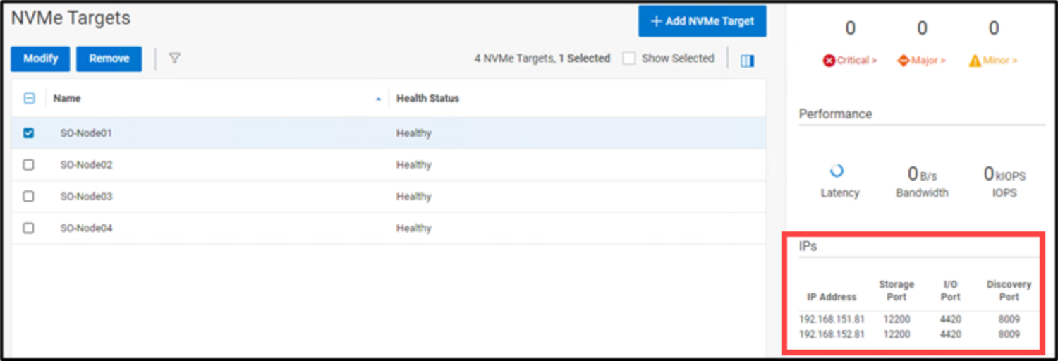 Screen shot of the NVMe Target window in which to select NVMe target notes.