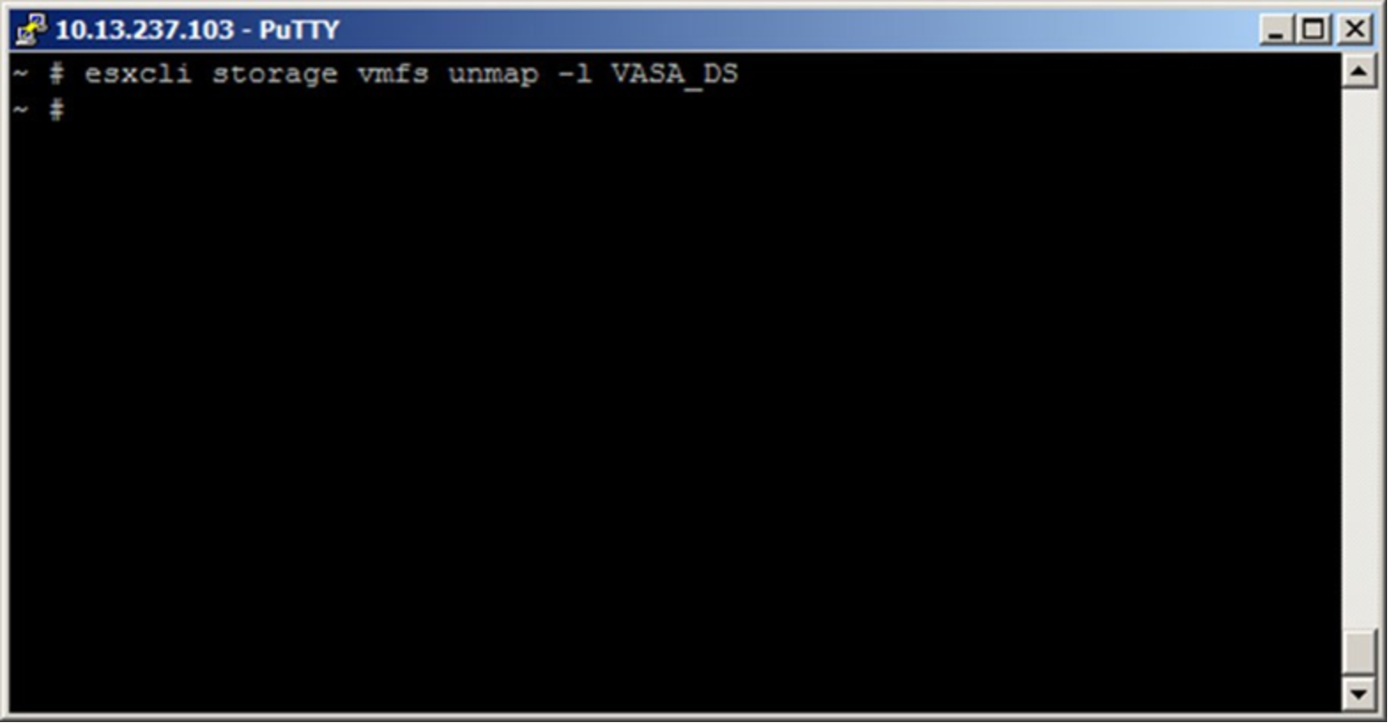 SSH session to ESXi server to reclaim dead space with esxcli storage vmfs unmap command 