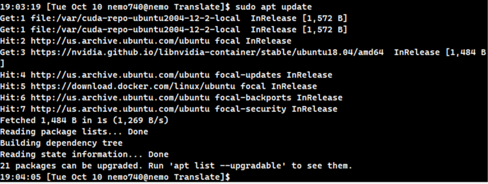 Code and output of updating sudo apt update command