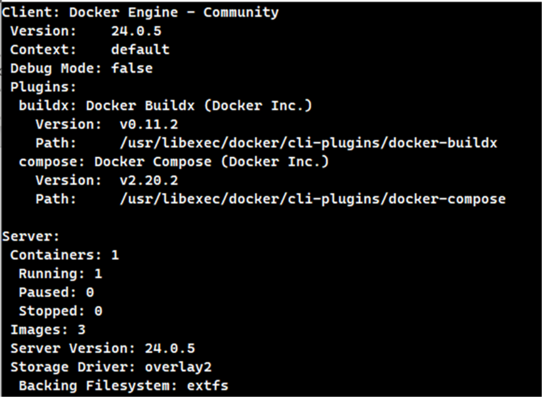 Code and output of the docker info command