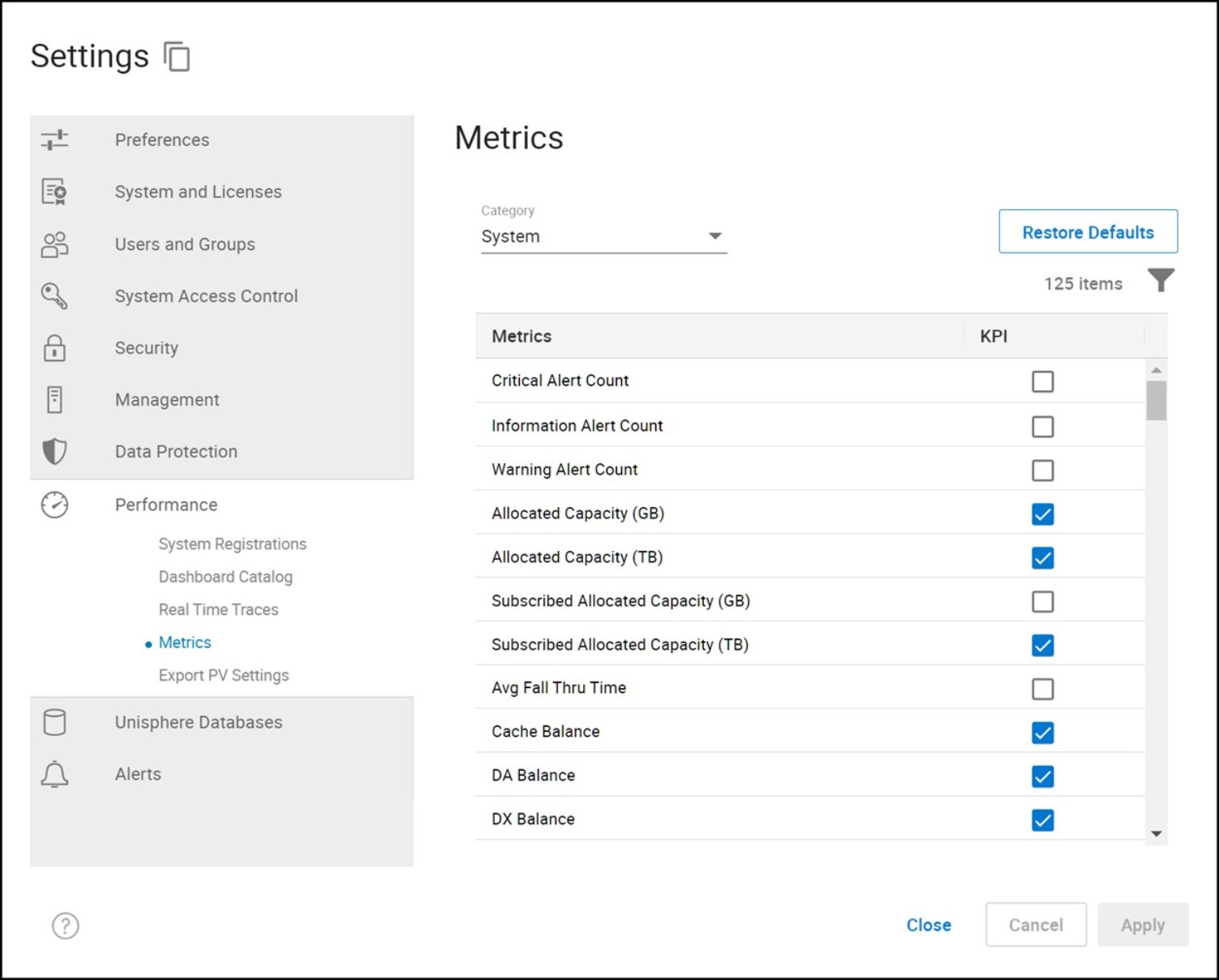 Figure 75. Settings in the performance monitoring option in Unisphere for PowerMax 