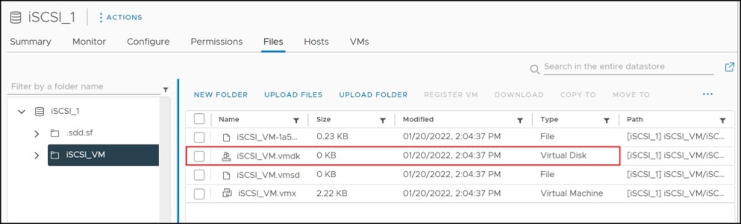 Figure 112. Thin virtual disk allocation size as seen in a VMFS datastore browser 