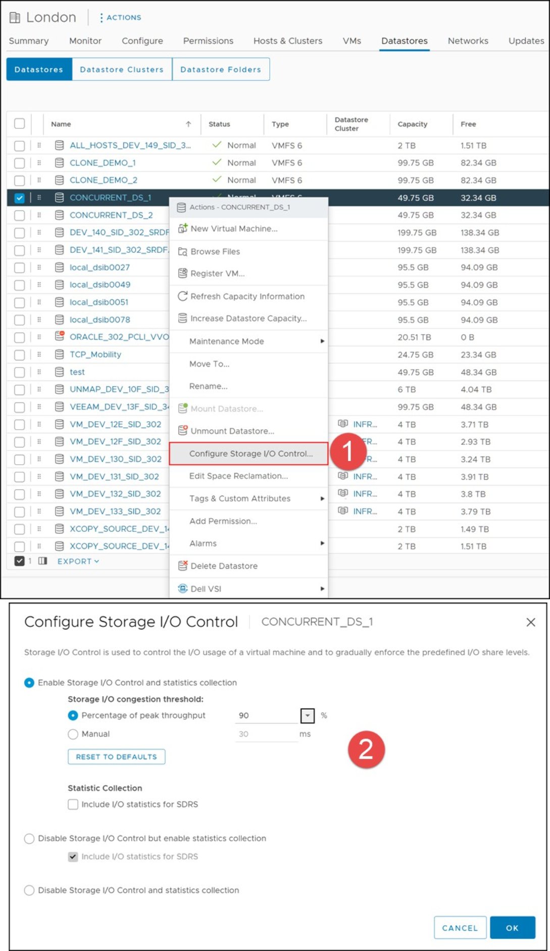 Figure 133. Enabling Storage I/O Control on a VMFS datastore 