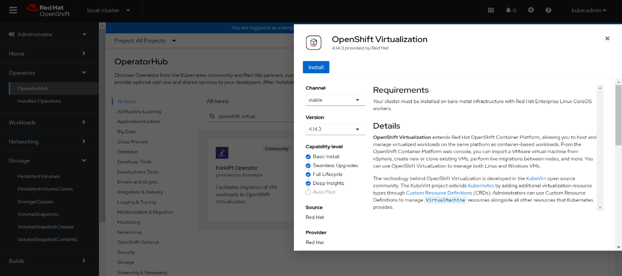 A screenshot showing the requirements for installing the “OpenShift Virtualization” operator. 