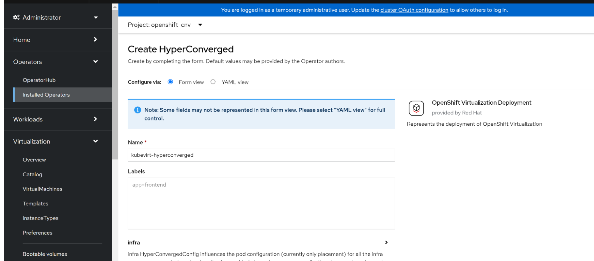 A screenshot showing how to create a HyperConverged project in the OpenShift environment.